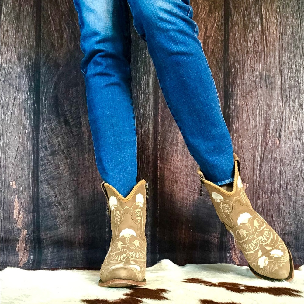 Tan suede embroidered western bootie